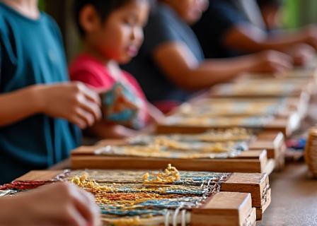 Mga batang natututo ng weaving